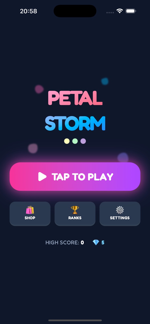 Title screen with Tap to play, shop, ranks and settings