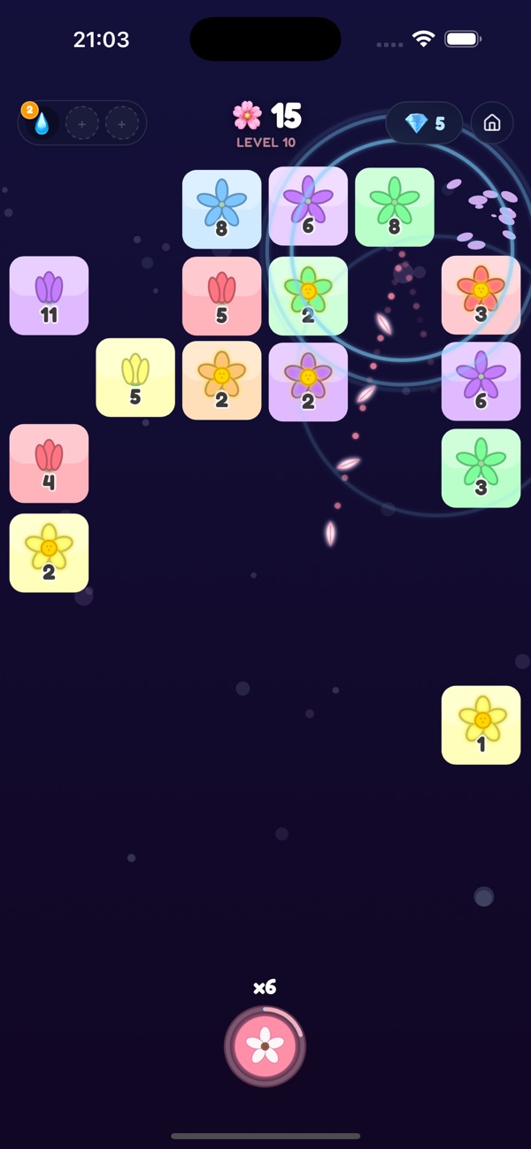 Level 12: petals flying through rows of flower blocks