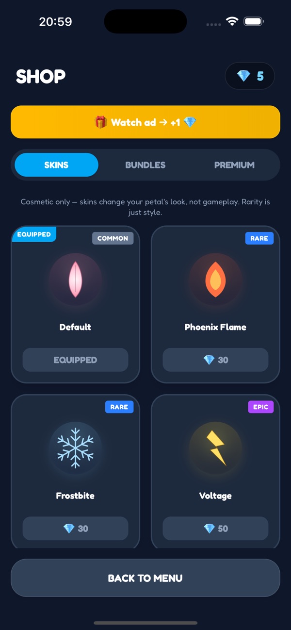 Shop: skins such as Phoenix Flame, Frostbite and Voltage