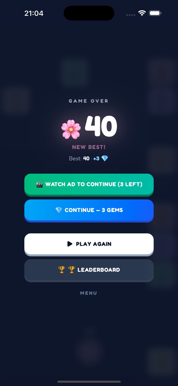 Game over with a new best score of 40