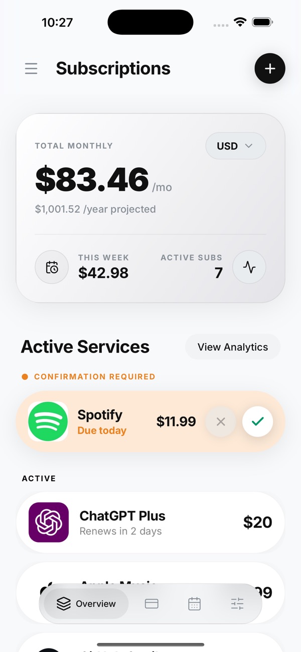 Subscriptions: $83.46 a month, Spotify due today