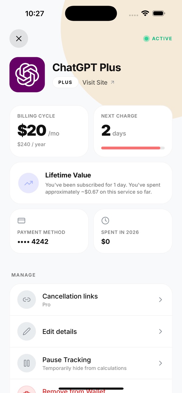 ChatGPT Plus: $20 a month, next charge in 2 days, cancellation links