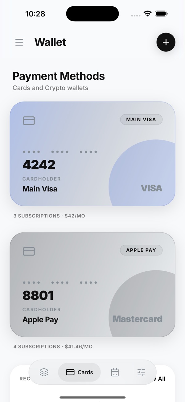 Wallet: subscriptions grouped by card